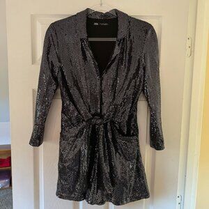 Zara Short Jumpsuit Romper- Silver/Black Long Sleeve with pockets. Size S.